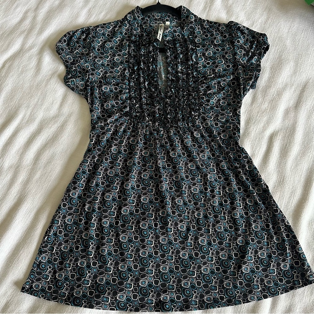 Y2K Babydoll Womens Top L Ruffled Bib Cap Puff Sleeve Tie Waist Ruched Retro